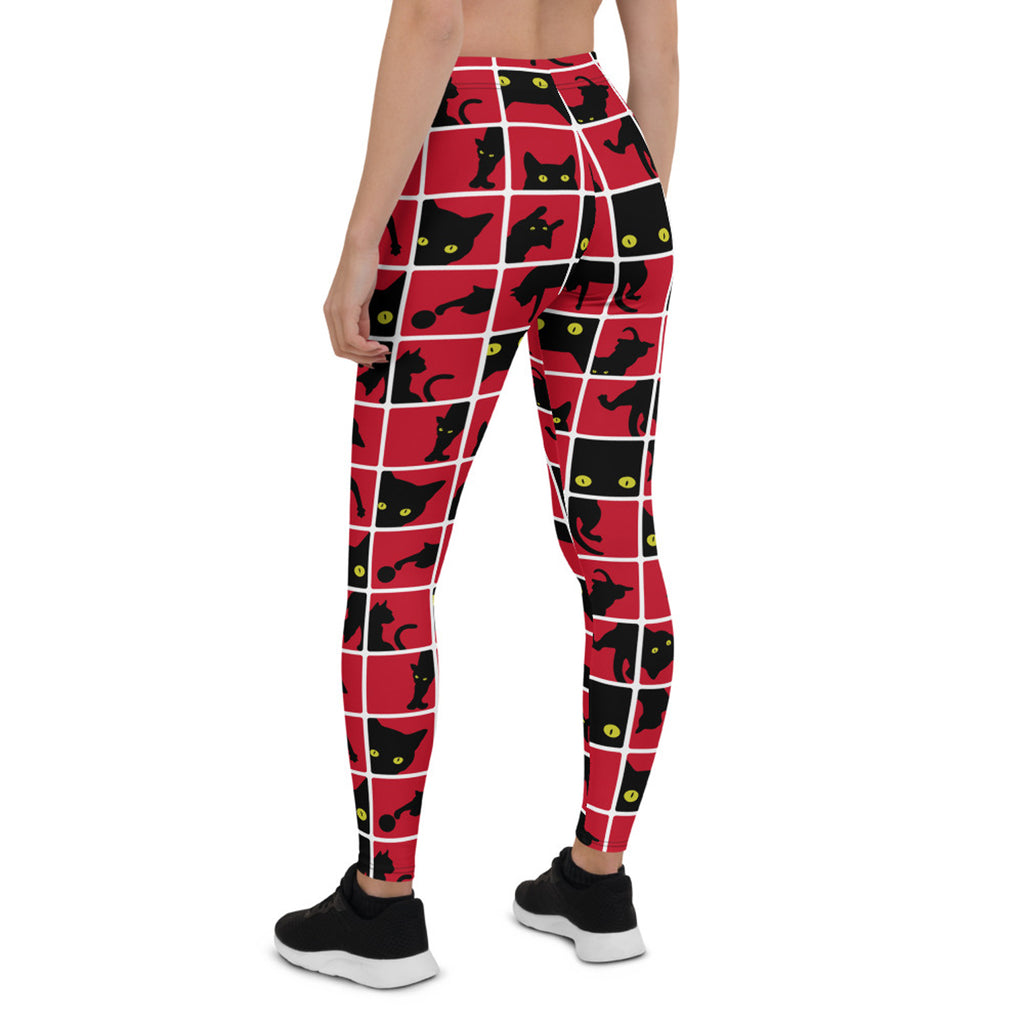 Black Cat on Red Leggings