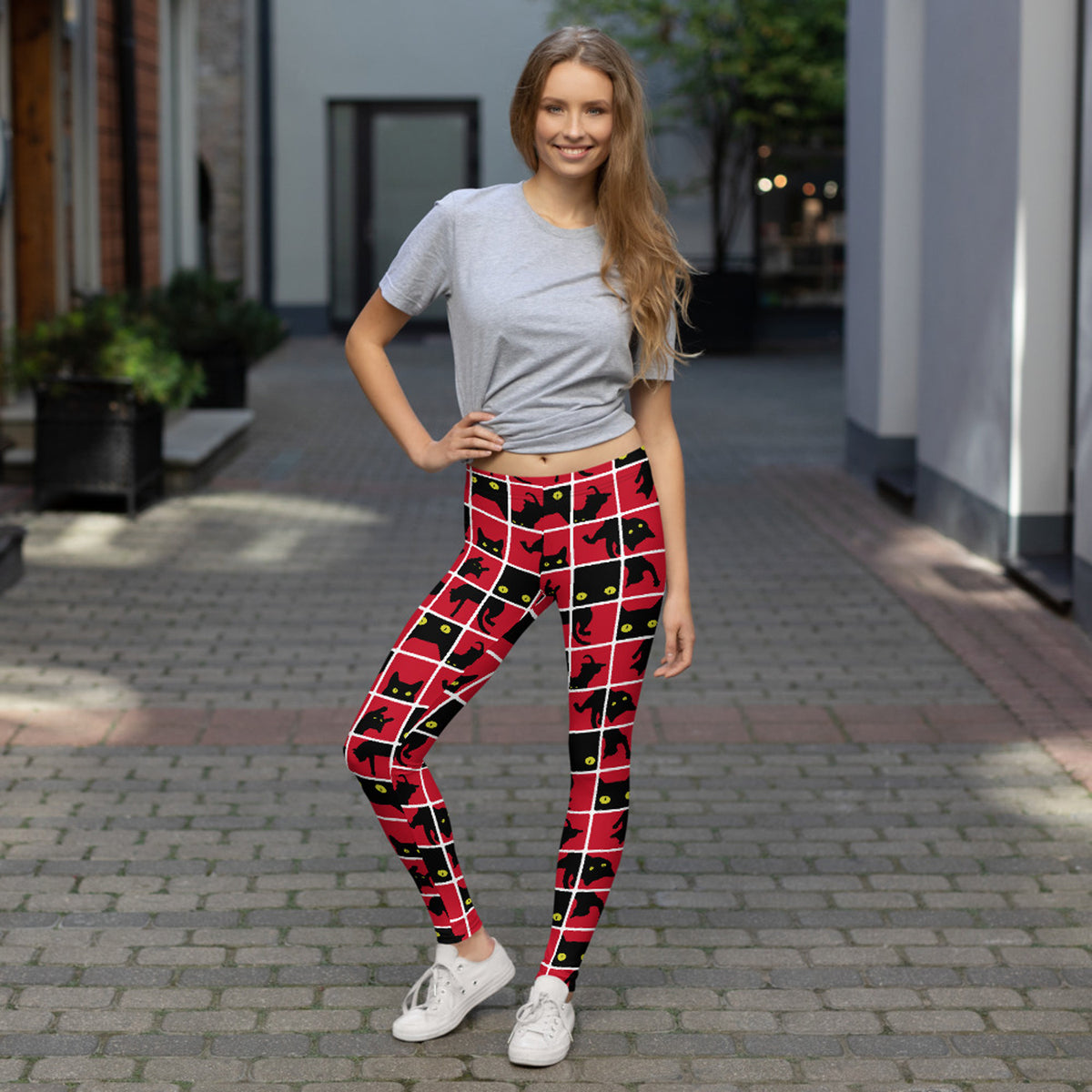 Black Cat on Red Leggings